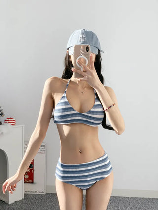 Blue Dangara Cover-Up Bikini Set Top Long Sleeve Striped Piece 3pcs Striped Swimsuit