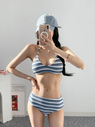 Blue Dangara Cover-Up Bikini Set Top Long Sleeve Striped Piece 3pcs Striped Swimsuit