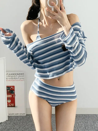 Blue Dangara Cover-Up Bikini Set Top Long Sleeve Striped Piece 3pcs Striped Swimsuit