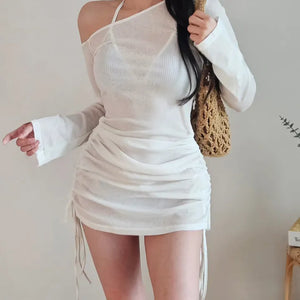 See-through off-shoulder bikini cover-up shirring body-covering belly-covering one-piece beach top long-sleeved beach top