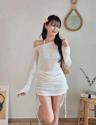 See-through off-shoulder bikini cover-up shirring body-covering belly-covering one-piece beach top long-sleeved beach top