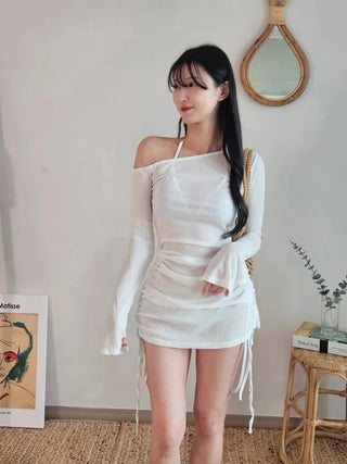 See-through off-shoulder bikini cover-up shirring body-covering belly-covering one-piece beach top long-sleeved beach top