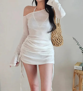 See-through off-shoulder bikini cover-up shirring body-covering belly-covering one-piece beach top long-sleeved beach top