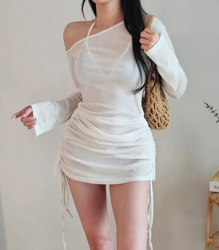 See-through off-shoulder bikini cover-up shirring body-covering belly-covering one-piece beach top long-sleeved beach top