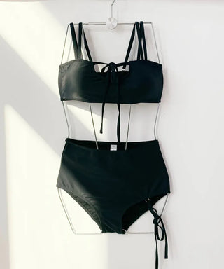 Black Strap Bikini High Waist Sexy Ribbon Top Nashi Lower Belly Cover Swimsuit