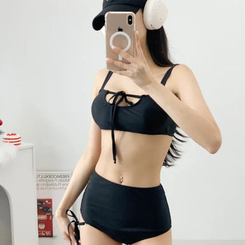 Black Strap Bikini High Waist Sexy Ribbon Top Nashi Lower Belly Cover Swimsuit