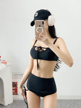 Black Strap Bikini High Waist Sexy Ribbon Top Nashi Lower Belly Cover Swimsuit