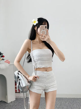 piece high-waist swimsuit set with white lace pants bikini bottoms and a tank top.