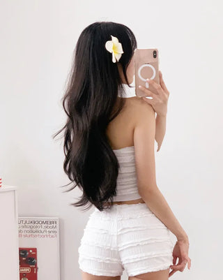 piece high-waist swimsuit set with white lace pants bikini bottoms and a tank top.