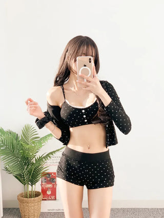 Cardigan top and pants three-piece bikini in black. piece body-covering belly-covering unique swimsuit.