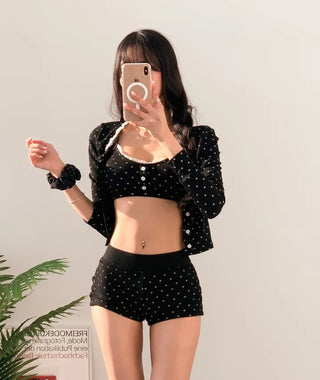 Cardigan top and pants three-piece bikini in black. piece body-covering belly-covering unique swimsuit.