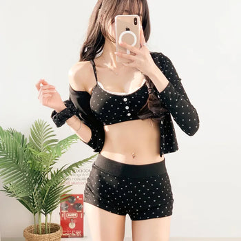 Cardigan top and pants three-piece bikini in black. piece body-covering belly-covering unique swimsuit.