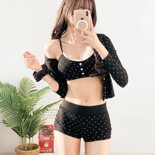 Cardigan top and pants three-piece bikini in black. piece body-covering belly-covering unique swimsuit.