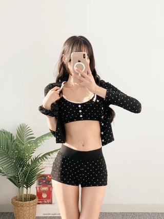 Cardigan top and pants three-piece bikini in black. piece body-covering belly-covering unique swimsuit.