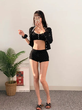 Cardigan top and pants three-piece bikini in black. piece body-covering belly-covering unique swimsuit.