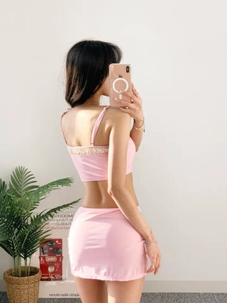 Pink Ribbon Skirt Two-Piece Bikini Swimsuit Tank Top Tube Top Lace Nashi Team Set