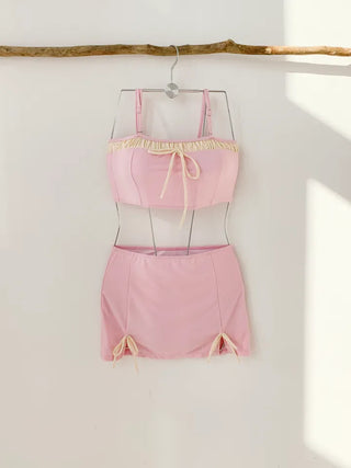 Pink Ribbon Skirt Two-Piece Bikini Swimsuit Tank Top Tube Top Lace Nashi Team Set