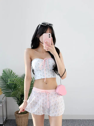 Ribbon tankini skirt one-piece tank top tube top swimsuit bikini pink ribbon point resort look set