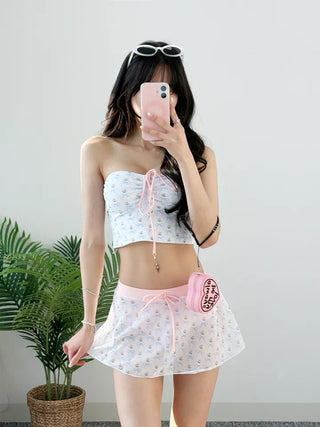 Ribbon tankini skirt one-piece tank top tube top swimsuit bikini pink ribbon point resort look set
