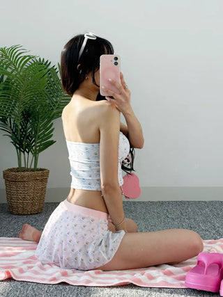 Ribbon tankini skirt one-piece tank top tube top swimsuit bikini pink ribbon point resort look set