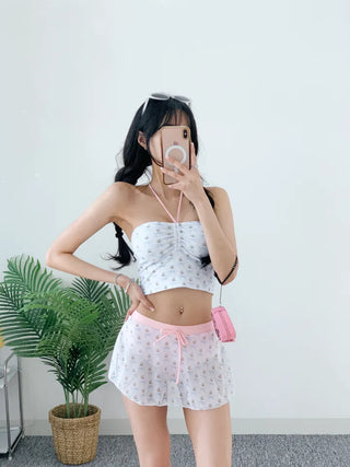 Ribbon tankini skirt one-piece tank top tube top swimsuit bikini pink ribbon point resort look set