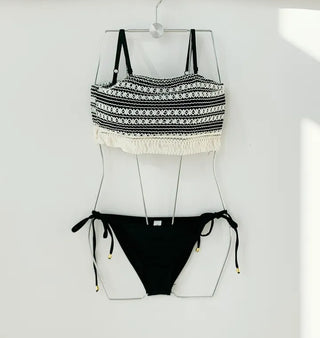 Knit fringe tube top tank top bikini black swimsuit resort vacation hotel pool swimsuit