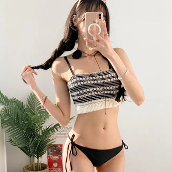 Knit fringe tube top tank top bikini black swimsuit resort vacation hotel pool swimsuit
