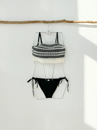 Knit fringe tube top tank top bikini black swimsuit resort vacation hotel pool swimsuit