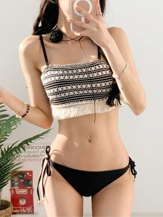 Knit fringe tube top tank top bikini black swimsuit resort vacation hotel pool swimsuit
