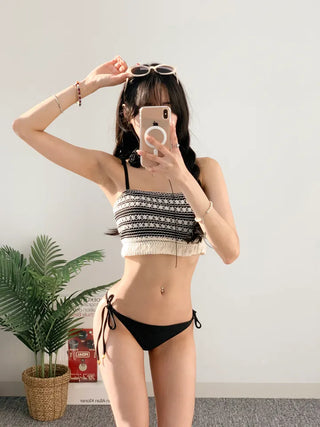Knit fringe tube top tank top bikini black swimsuit resort vacation hotel pool swimsuit