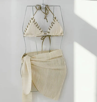 Stitch 3PCS Bikini Three-Piece Beige Halter Neck Sexy Belly Cover-Up String Swimsuit Set