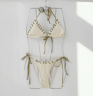 Stitch 3PCS Bikini Three-Piece Beige Halter Neck Sexy Belly Cover-Up String Swimsuit Set