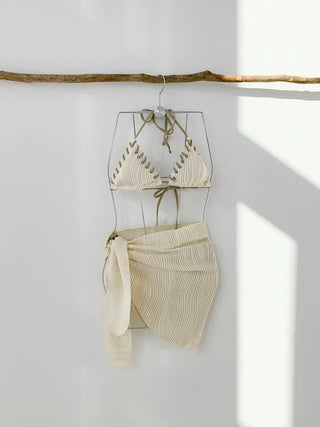 Stitch 3PCS Bikini Three-Piece Beige Halter Neck Sexy Belly Cover-Up String Swimsuit Set
