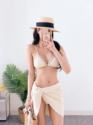 Stitch 3PCS Bikini Three-Piece Beige Halter Neck Sexy Belly Cover-Up String Swimsuit Set