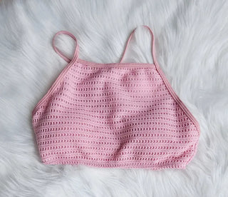 Pastel backless two-piece knit skirt and two-piece bikini knit pink halterneck swimsuit