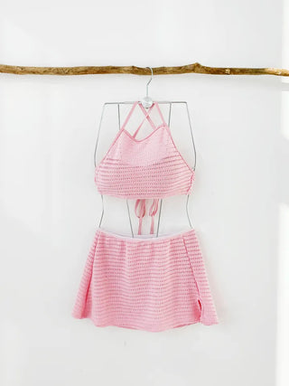 Pastel backless two-piece knit skirt and two-piece bikini knit pink halterneck swimsuit