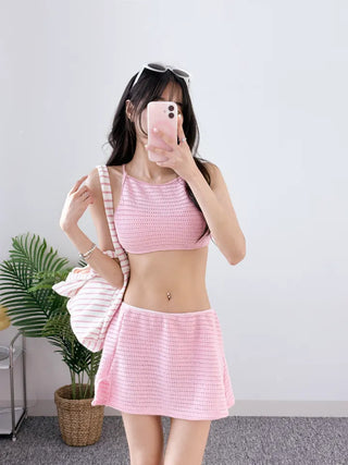Pastel backless two-piece knit skirt and two-piece bikini knit pink halterneck swimsuit