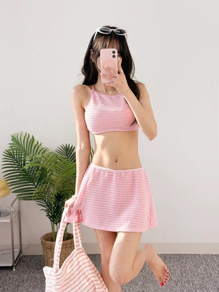Pastel backless two-piece knit skirt and two-piece bikini knit pink halterneck swimsuit