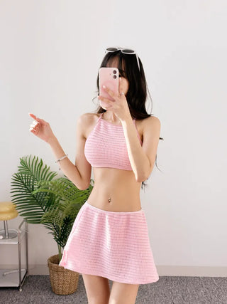 Pastel backless two-piece knit skirt and two-piece bikini knit pink halterneck swimsuit