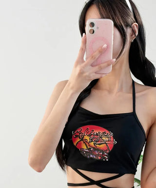 Car print strap bikini unique swimsuit halter neck padded black resort look festival look