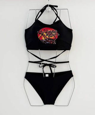 Car print strap bikini unique swimsuit halter neck padded black resort look festival look