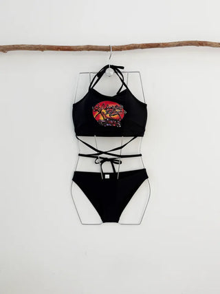 Car print strap bikini unique swimsuit halter neck padded black resort look festival look
