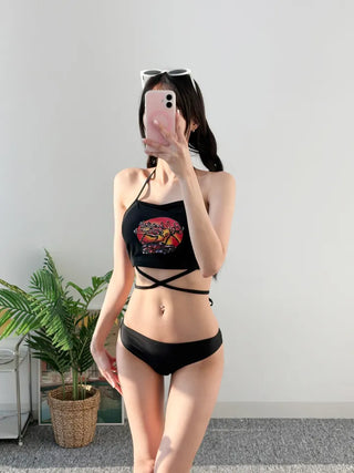 Car print strap bikini unique swimsuit halter neck padded black resort look festival look