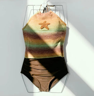 Star Knit Top Panty Set Bikini Striped Short Sleeves Striped Halter Neck Non-Exposed Belly Covering Shirring Swimsuit