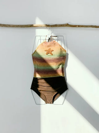 Star Knit Top Panty Set Bikini Striped Short Sleeves Striped Halter Neck Non-Exposed Belly Covering Shirring Swimsuit