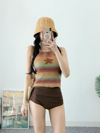 Star Knit Top Panty Set Bikini Striped Short Sleeves Striped Halter Neck Non-Exposed Belly Covering Shirring Swimsuit