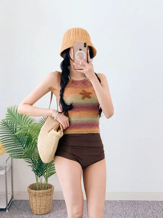 Star Knit Top Panty Set Bikini Striped Short Sleeves Striped Halter Neck Non-Exposed Belly Covering Shirring Swimsuit