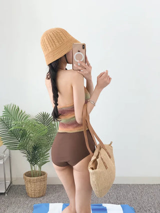 Star Knit Top Panty Set Bikini Striped Short Sleeves Striped Halter Neck Non-Exposed Belly Covering Shirring Swimsuit