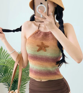 Star Knit Top Panty Set Bikini Striped Short Sleeves Striped Halter Neck Non-Exposed Belly Covering Shirring Swimsuit