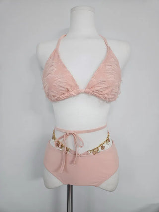 Pink fringe piece bikini with a three-piece skirt a vacation strap halterneck swimsuit
